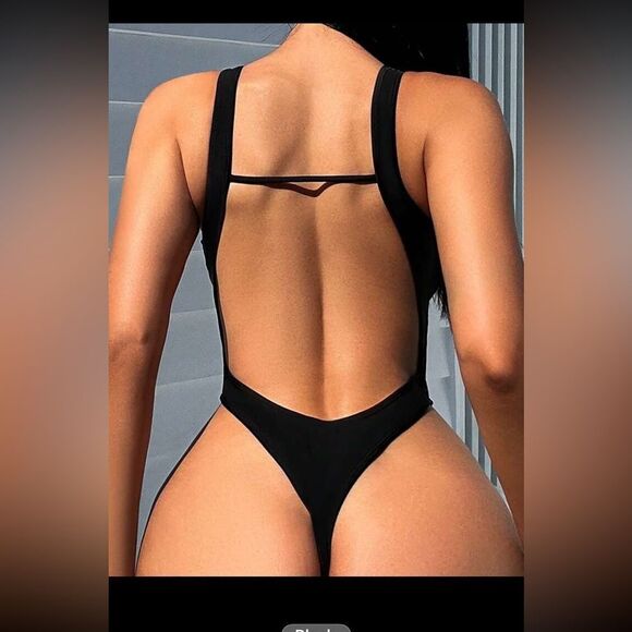 NWOT SHEIN BLACK THONG ONE PIECE SWIMSUIT - Picture 4 of 7